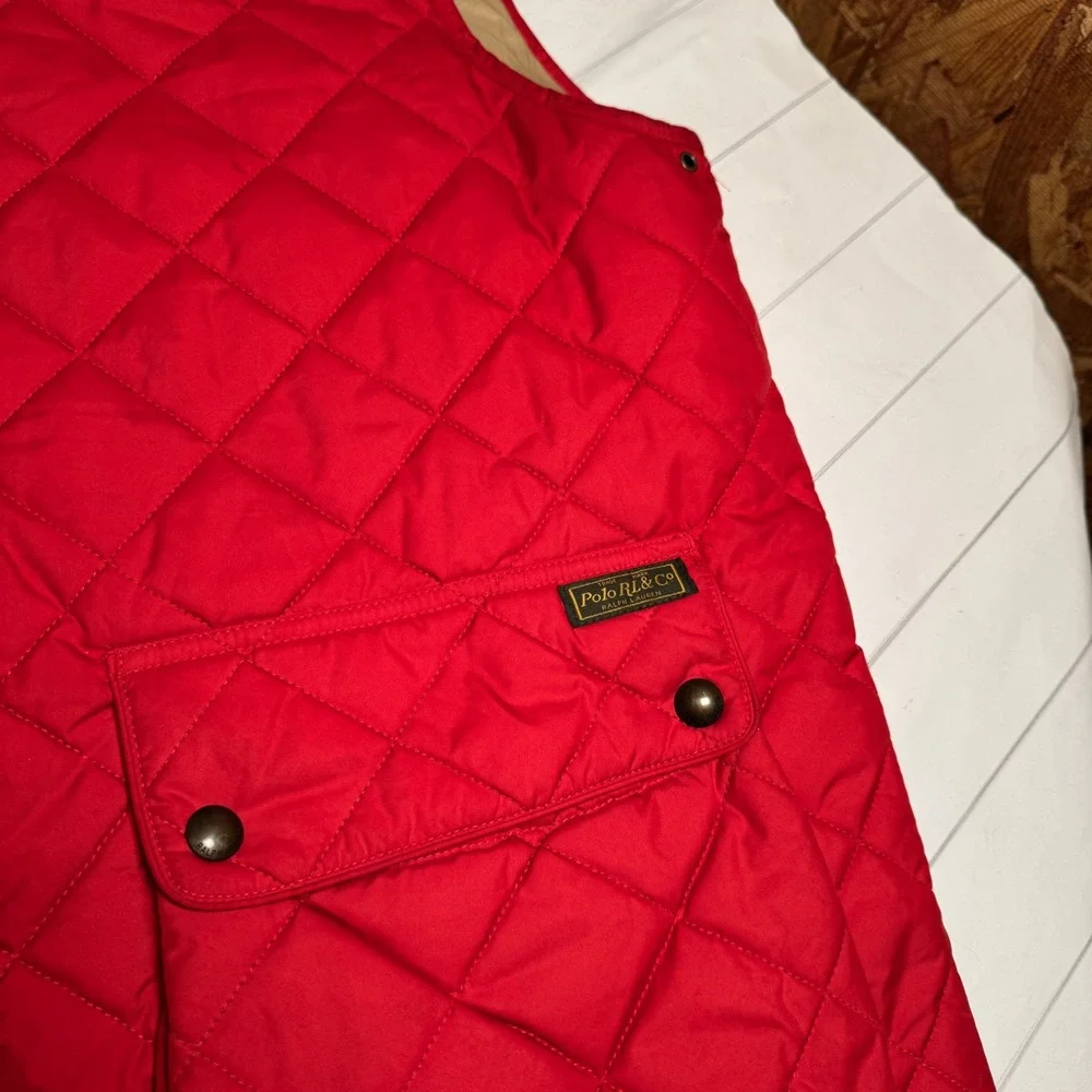 VTG Polo Ralph Lauren Red Quilted Puffer Vest Calf Suede Collar‎ Mens Jacket 2XL